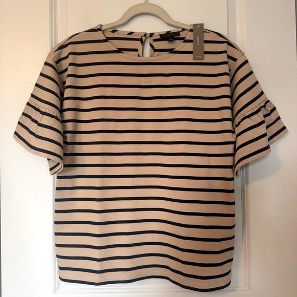 J.Crew NWT Striped Tan and Navy Women's Ruffle Short Sleeve Top - Picture 1 of 7